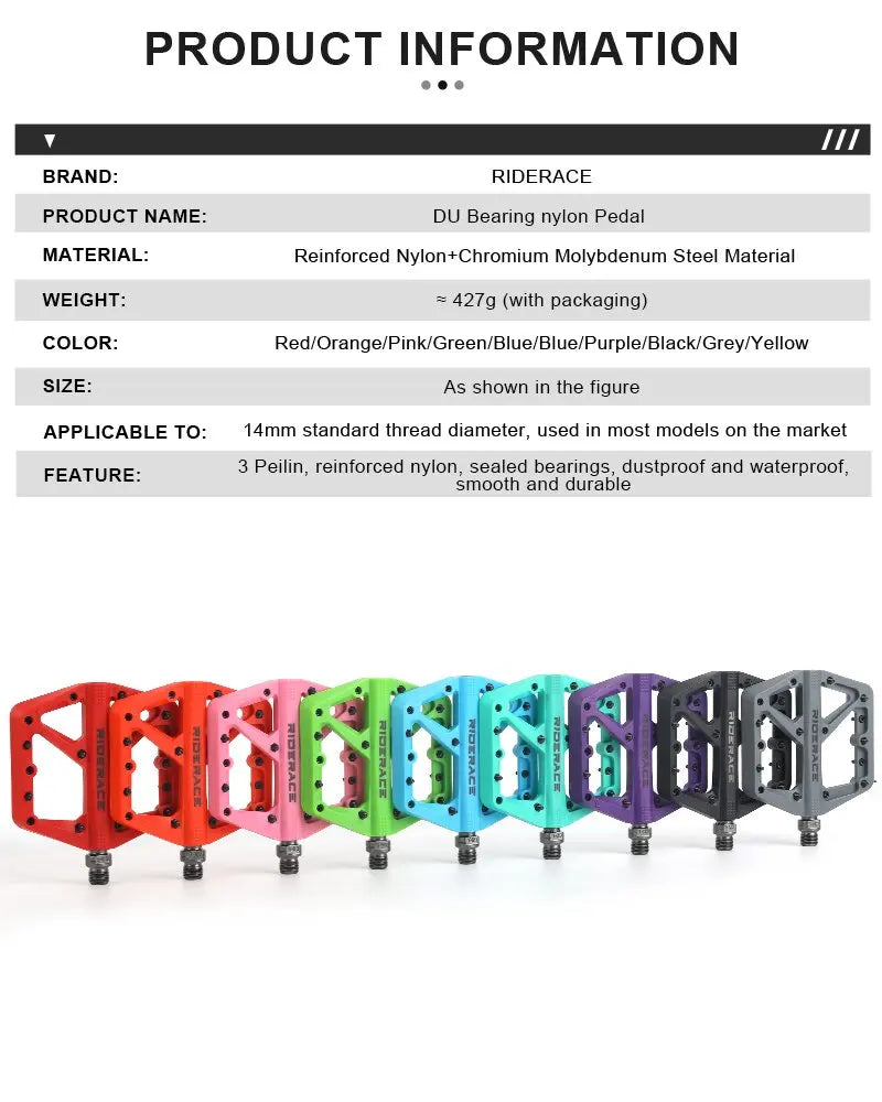 Riderace MTB Flat Platform Pedal Nylon DU Bearing with Pins